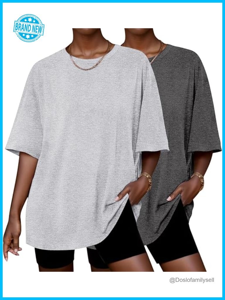 2 Pack Womens Oversized Short Sleeve Crew Neck T Shirts